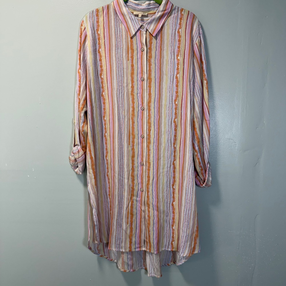 Mystree Striped Button Down Shirt Dress Rayon‎ Roll Tab Sleeve Pink Orange L